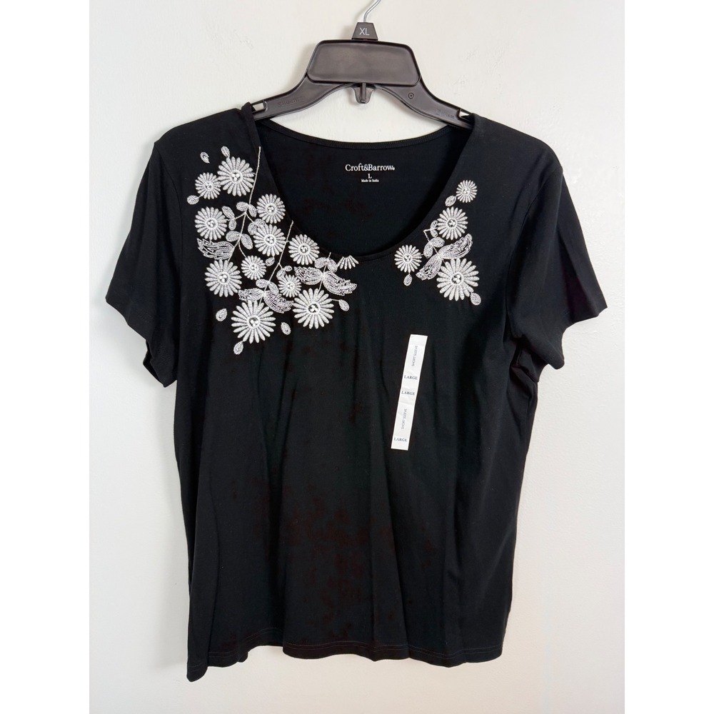 Croft & Barrow Womens Black Floral Embroidered Beaded Scoop Neck T-Shirt L NWT